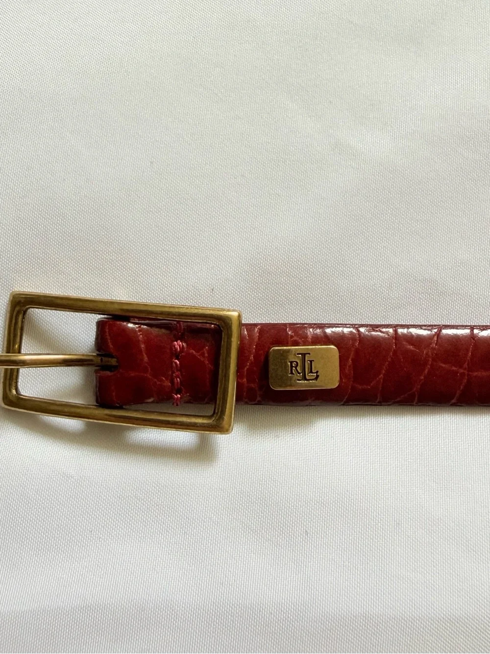 Lauren Ralph Lauren Red Croc Embossed Italian Leather Skinny Belt Gold RLL Sz M
